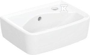 Umywalka kompaktowa Rekord - kształt geometryczny, krótka, B35 cm, H15 cm, T25 cm, z otworem na baterię z prawej strony, z przelewem
