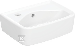 Umywalka kompaktowa Rekord - kształt geometryczny, krótka, B35 cm, H15 cm, T25 cm, z otworem na baterię z lewej strony, z przelewem