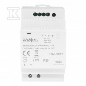 Zasilacz impulsowy montowany na szynie TH-35 (DIN), 60W, 12V DC ZTM-60/12