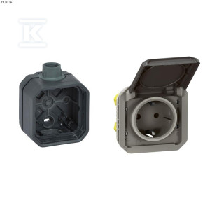 Gniazdo pojedyncze z uziemieniem Schuko 2P+Z, zaciski automatyczne, mechanizm 16 A-250V~ - antracyt, NOWE PLEXO 55 + Puszka natynkowa pojedyncza z