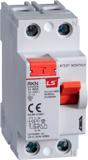 Диференційний вимикач LS Electric серії RKN 2P 40A, 30MA, тип-A