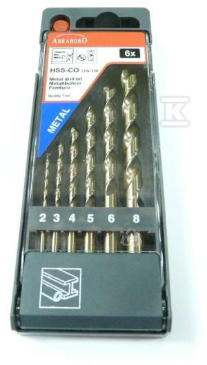Zestaw wierteł HSS-Co DIN 338 kobaltowych, 6 szt, fi 2-3-4-5-6-8mm Abraboro