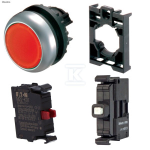 Przycisk podświetlany z samopowrotem płaski czerwony 230V + łącznik mocujący + element stykowy 1R + dioda LED czerwona U=230V