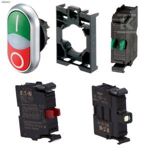 Przycisk podwójny podświetlany I/O z samopowrotem płaski 24V + łącznik mocujący + element stykowy 1Z + element stykowy 1R + dioda LED biała U=24V