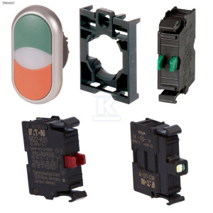 Przycisk podwójny podświetlany z samopowrotem płaski 24V + łącznik mocujący + element stykowy 1Z + element stykowy 1R + dioda LED biała U=24V