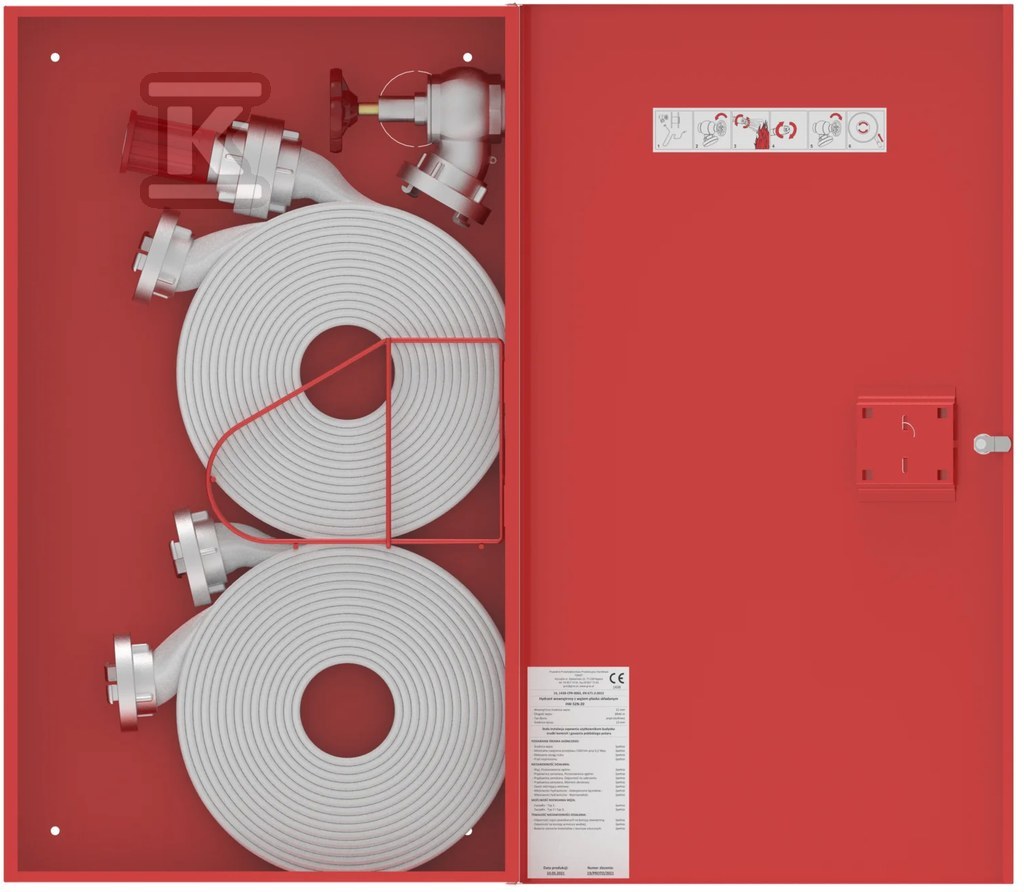 Hydrant wewnętrzny DN52 HW-52N-20+20-KO UNN natynkowy czerwony RAL3000 bez miejsca na gaśnicę, węże płasko-składane L=20+20m, zamek patent, wymiary
