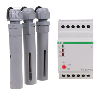 Przekaźnik kontroli poziomu cieczy PZ-829 RC dwustanowy, z regulacją czułości, z sondami PZ2 (3szt.), styki 2x1P, I=2x16A, 3 moduły