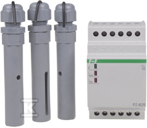 Przekaźnik kontroli poziomu cieczy PZ-829 dwustanowy, z sondami PZ2 w komplecie (3szt.), styki 2x1P, I=2x16A, 3 moduły