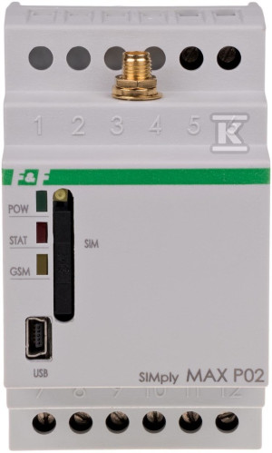 Przekaźnik zdalnego sterowania GSM (CLIP), 2xWY, 2xWE, sterowanie bramą zasilanie 230V AC styki 1NO montaż na szynie DIN, SIMplyMAX-P02