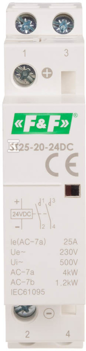 Stycznik modułowy 25A, 2NC, napięcie cewki 24 V DC, montaż na szynie, ST25-02-24DC