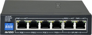 Niezarządzalny przełącznik (switch)  6xRJ45 - 4 porty RJ45 PoE+ 1Gb/s + 2 porty RJ45 Uplink 1Gb/s (budżet mocy 60W) AVIZIO