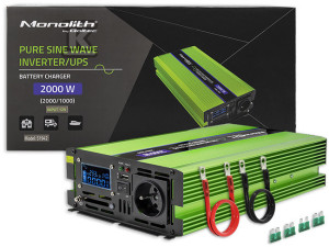 Przetwornica napięcia Monolith/ładowanie baterii/UPS/1000W/2000W/12V na 230V/Czysty Sinus/LCD QOLTEC