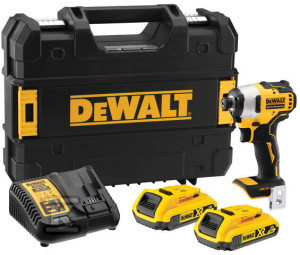 Zakrętarka udarowa DEWALT XR 18V bezszczotkowa, kompaktowa, moment 190Nm, 2 akumulatory 2.0Ah, ładowarka i kufer TSTAK DCF809D2T-QW