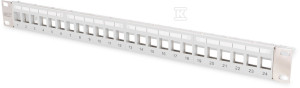 Комутаційний патч-панель 19" 24x keystone, екранований, 1U, сірий, направляюча для кабелів, змінні поля для опису