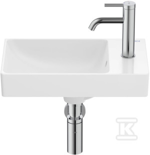 Umywalka ONA ścienna 45x26 cm CPT Fineceramic® BIAŁY POŁYSK z korkem uniwersalnym click-clack z pokrywą ceramiczną o 65 mm biały połysk