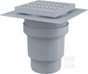 Kratka ściekowa 150x150/110 mm odpływ pionowy, kratka szara, dwa poziomy izolacji, syfon mokry