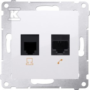 Gniazdo komputerowe RJ45 kategoria 5e + telefoniczne RJ12, biały Simon54 + Ramka 1-krotna uniwersalna do puszek karton-gips IP20 / IP44, biały