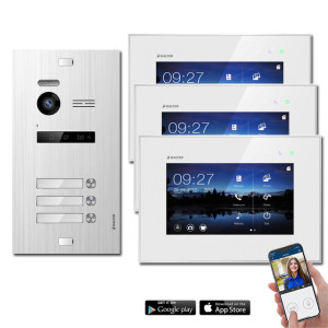 WLAN Video Türsprechanlage BALTER EVO 2-Draht BUS Komplettsystem mit Unterputz-Türstation für 3 Teilnehmer, 3 x 7" WIFI Touchscreen Monitor und Haupts