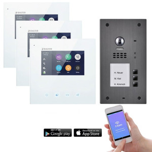 WLAN Video Türsprechanlage 2-Draht BUS für 3-Familienhaus mit hochwertigerm 4,3" Touchscreen-Bildschirm und RFID Edelstahl-Türstation inkl. Hauptstromverteiler