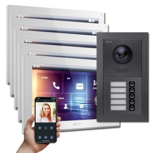 Goliath IP Video Türsprechanlage Hybrid, 5 x 10" Innenstation, 1 x Außenstation mit Kamera, 5 Klingel