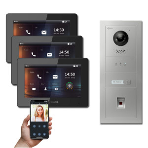 Goliath 2-Draht IP Video Türsprechanlage Hybrid, 3 x 7" Innenstation, 1 x Außenstation mit Kamera, 1 Klingel, Fingerprint und Anzeige