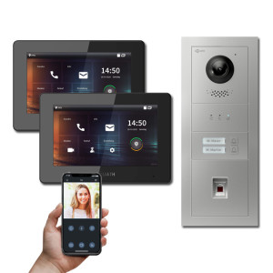 Goliath IP Video Türsprechanlage Hybrid, 2 x 7" Innenstation, 1 x Außenstation mit Kamera, 2 Klingel, Fingerprint und Anzeige