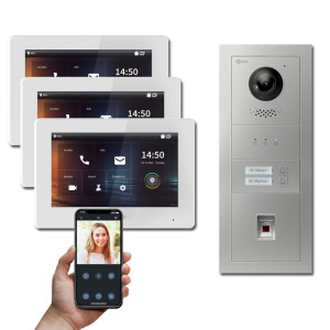 Goliath 2-Draht IP Video Türsprechanlage Hybrid, 3 x 7" Innenstation, 1 x Außenstation mit Kamera, 2 Klingel, Fingerprint und Anzeige