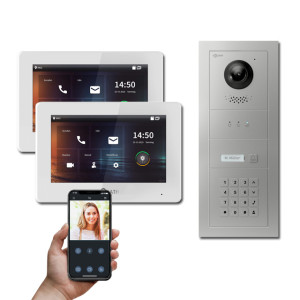 Goliath 2-Draht IP Video Türsprechanlage Hybrid, 2 x 7" Innenstation, 1 x Außenstation mit Kamera, 1 Klingel, Keypad und Anzeige