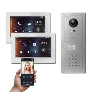 Goliath 2-Draht IP Video Türsprechanlage Hybrid, 2 x 7" Innenstation, 1 x Außenstation mit Kamera, 2 Klingel, Keypad und Anzeige