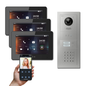 Goliath IP Video Türsprechanlage Hybrid, 3 x 7" Innenstation, 1 x Außenstation mit Kamera, 2 Klingel, Keypad und Anzeige