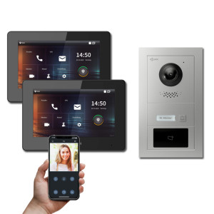 Goliath 2-Draht IP Video Türsprechanlage Hybrid, 2 x 7" Innenstation, 1 x Außenstation mit Kamera, 1 Klingel, RFID