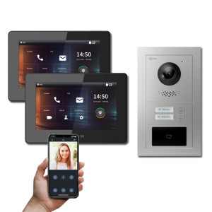 Goliath 2-Draht IP Video Türsprechanlage Hybrid, 2 x 7" Innenstation, 1 x Außenstation mit Kamera, 2 Klingel, RFID