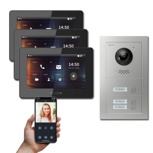 Goliath IP Video Türsprechanlage Hybrid, 3 x 7" Innenstation, 1 x Außenstation mit Kamera, 3 Klingel
