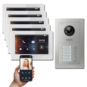 Goliath IP Video Türsprechanlage Hybrid, 5 x 7" Innenstation, 1 x Außenstation mit Kamera, 5 Klingel