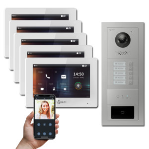Goliath IP Video Türsprechanlage Hybrid, 5 x 7" Innenstation, 1 x Außenstation mit Kamera, 5 Klingel, RFID, Anzeige