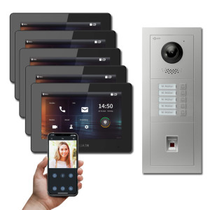 Goliath 2-Draht IP Video Türsprechanlage Hybrid, 5 x 7" Innenstation, 1 x Außenstation mit Kamera, 5 Klingel, Fingerprint