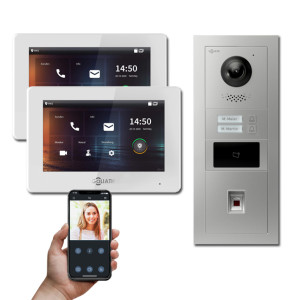 Goliath 2-Draht IP Video Türsprechanlage Hybrid, 2 x 7" Innenstation, 1 x Außenstation mit Kamera, 2 Klingel, Fingerprint und RFID