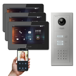 Goliath 2-Draht IP Video Türsprechanlage Hybrid, 3 x 7" Innenstation, 1 x Außenstation mit Kamera, 3 Klingel, Keypad