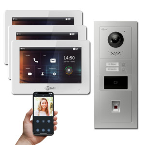 Goliath 2-Draht IP Video Türsprechanlage Hybrid, 3 x 7" Innenstation, 1 x Außenstation mit Kamera, 2 Klingel, RFID, Fingerprint