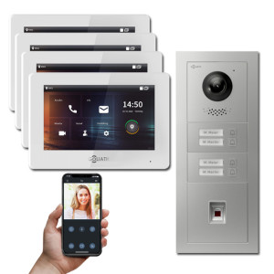 Goliath 2-Draht IP Video Türsprechanlage Hybrid, 4 x 7" Innenstation, 1 x Außenstation mit Kamera, 4 Klingel, Fingerprint