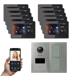 Goliath IP Video Türsprechanlage Hybrid, 10 x 7" Innenstation, 1 x Außenstation mit Kamera, 10 Klingel, Anzeige, RFID