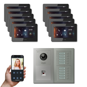 Goliath 2-Draht IP Video Türsprechanlage Hybrid, 10 x 7" Innenstation, 1 x Außenstation mit Kamera, 10 Klingel, Fingerprint