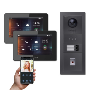 Goliath 2-Draht IP Video Türsprechanlage Hybrid, 2 x 7" Innenstation, 1 x Außenstation mit Kamera, 2 Klingel, Fingerprint und Anzeige