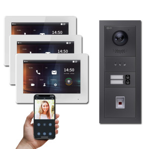 Goliath IP Video Türsprechanlage Hybrid, 3 x 7" Innenstation, 1 x Außenstation mit Kamera, 2 Klingel, Fingerprint und Anzeige