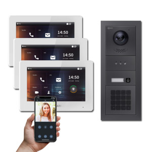 Goliath 2-Draht IP Video Türsprechanlage Hybrid, 3 x 7" Innenstation, 1 x Außenstation mit Kamera, 1 Klingel, Keypad und Anzeige