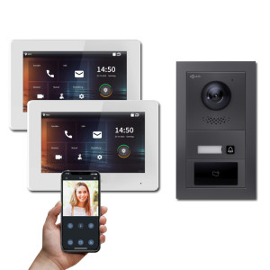 Goliath IP Video Türsprechanlage Hybrid, 2 x 7" Innenstation, 1 x Außenstation mit Kamera, 1 Klingel, RFID