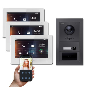 Goliath 2-Draht IP Video Türsprechanlage Hybrid, 3 x 7" Innenstation, 1 x Außenstation mit Kamera, 1 Klingel, RFID