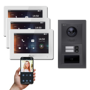 Goliath IP Video Türsprechanlage Hybrid, 3 x 7" Innenstation, 1 x Außenstation mit Kamera, 2 Klingel, RFID