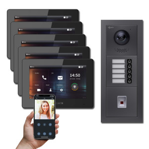 Goliath IP Video Türsprechanlage Hybrid, 5 x 7" Innenstation, 1 x Außenstation mit Kamera, 5 Klingel, Fingerprint