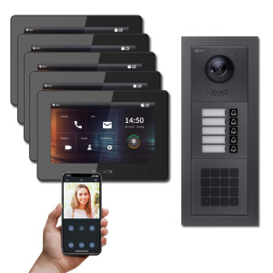 Goliath IP Video Türsprechanlage Hybrid, 5 x 7" Innenstation, 1 x Außenstation mit Kamera, 5 Klingel, Keypad